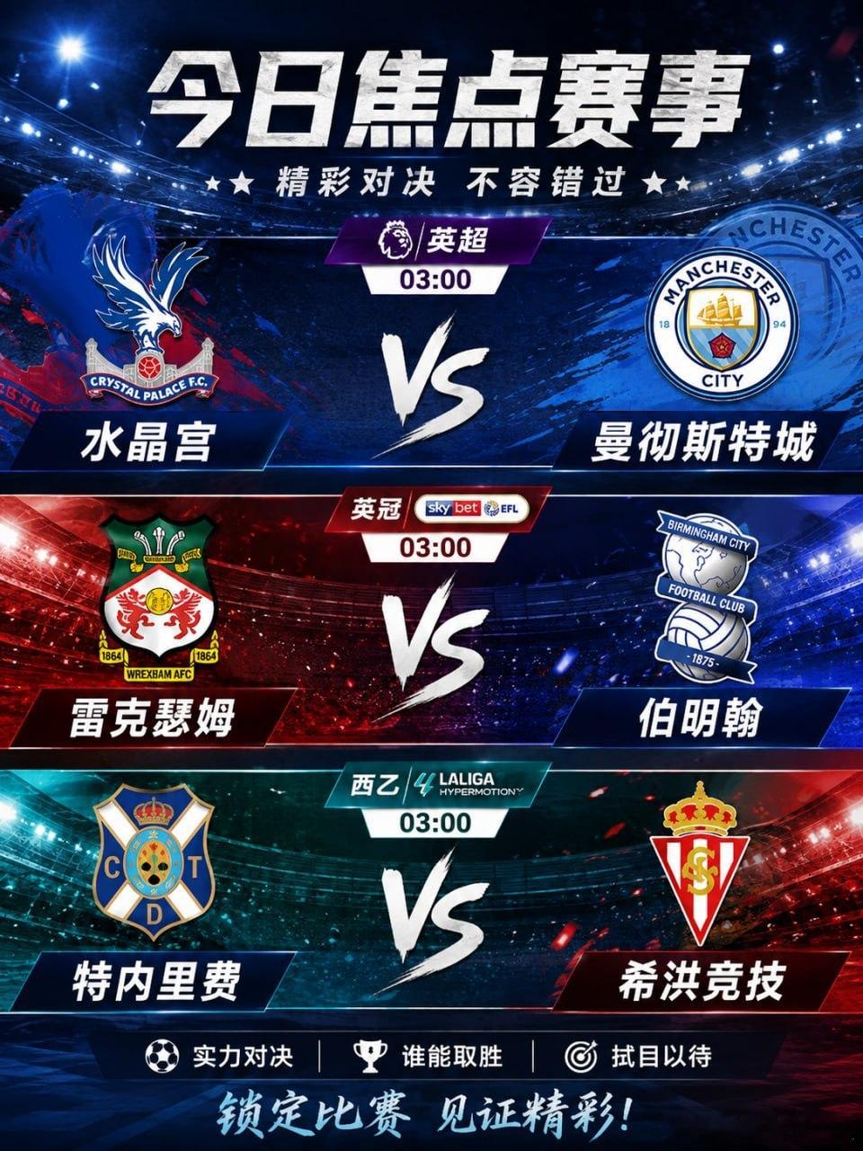 今晚03:00 三场焦点赛事一齐开波英超｜水晶宫 VS 曼彻斯特城英冠｜雷克瑟姆