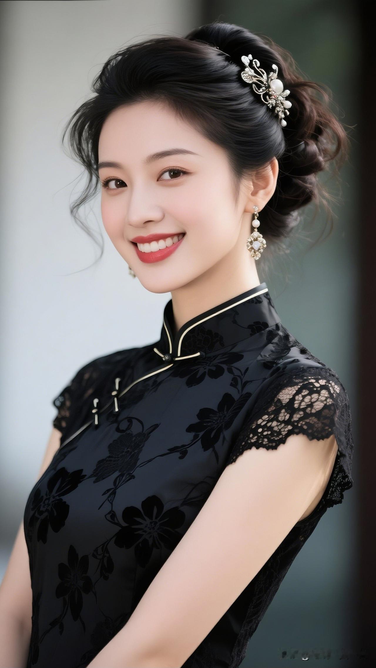 优雅黑裙，复古发饰，甜美笑容，尽显东方韵味。你认为哪种女孩最迷人