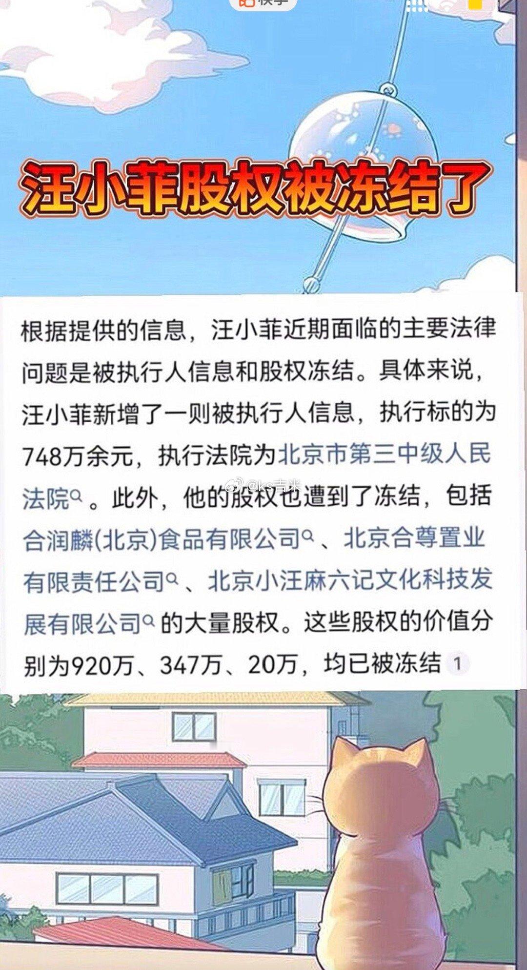 某网友发布作品，称汪小菲股权被冻结汪小菲新增了一则被执行人信息，执行标的为748