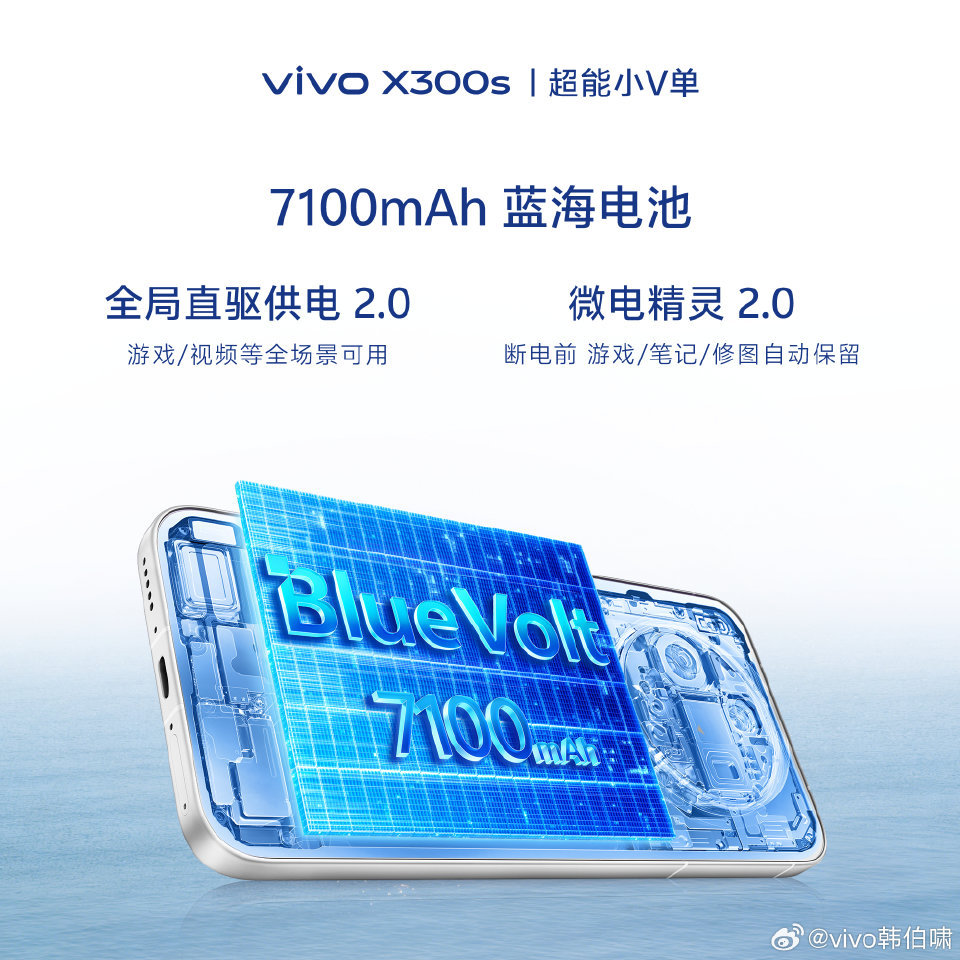 vivo X300s搭载的是7100mAh 蓝海电池，是X 系列迄今最大电池