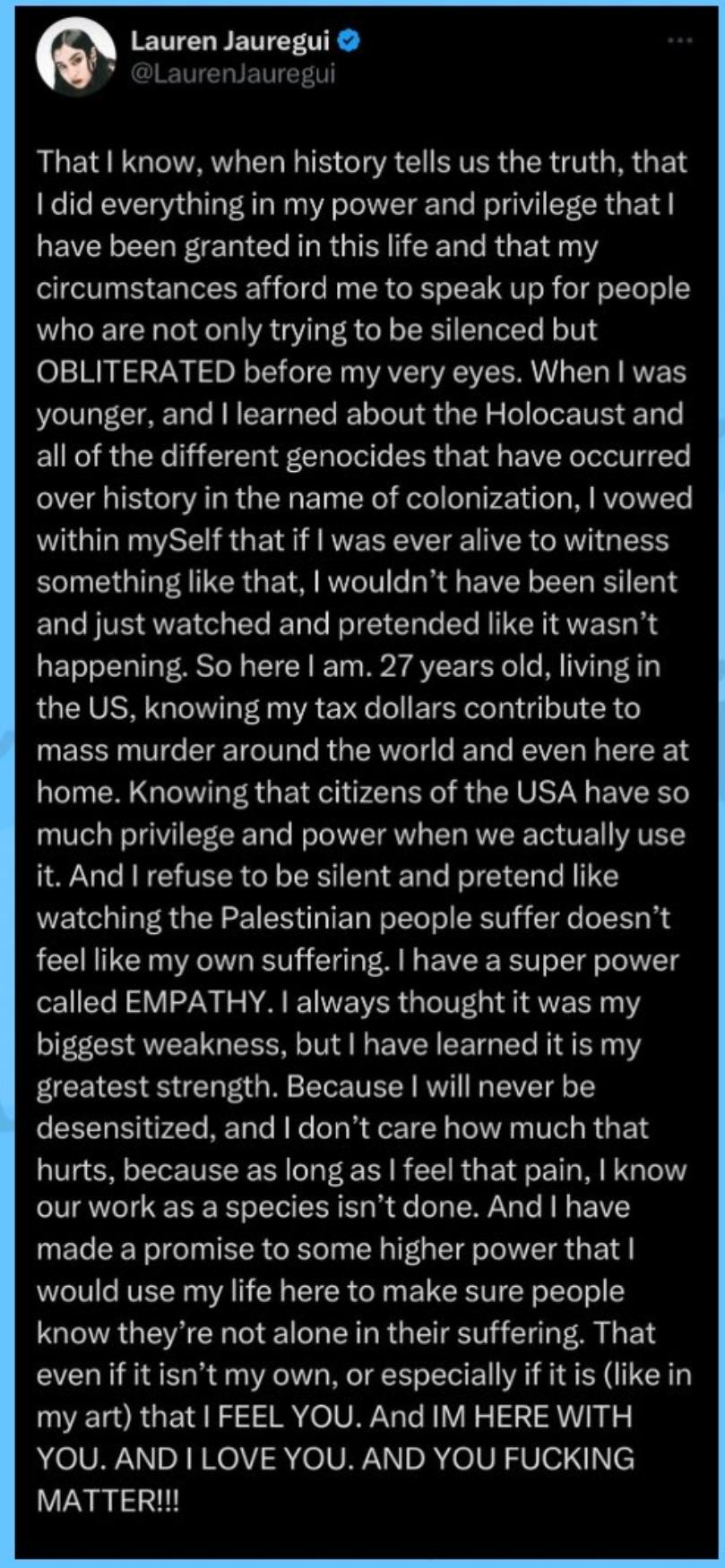 Lauren Jauregui 表达了支持巴勒斯坦的立场！
Lauren Jau