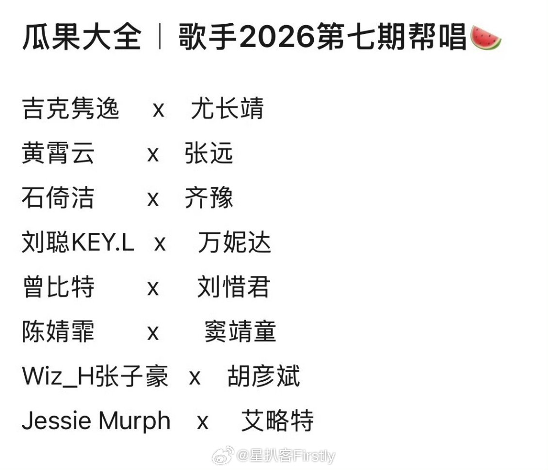 歌手第七期帮唱嘉宾 网传歌手第七期帮唱嘉宾吉克隽逸 x尤长靖 黄霄云 X 张远 