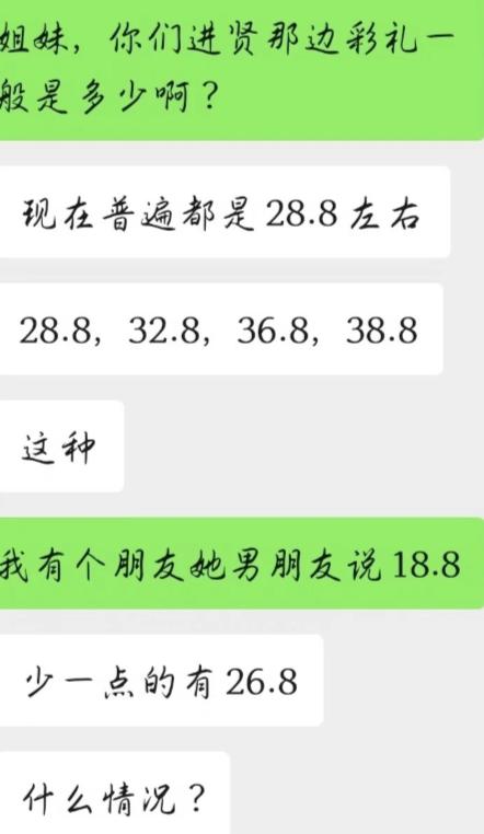 打听进贤彩礼，开口就是 28.8 起步，往上还有 32.8、36.8、38.8。