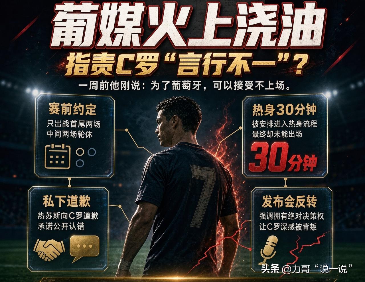 葡媒再度"火上浇油"，指责C罗言行不一——一周前他刚表示为了葡萄牙可以接受不上场
