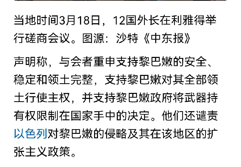 阿拉伯-伊斯兰联合会的十二国声明，关于黎巴嫩的内容，除了谴责以色列侵犯主权外，感