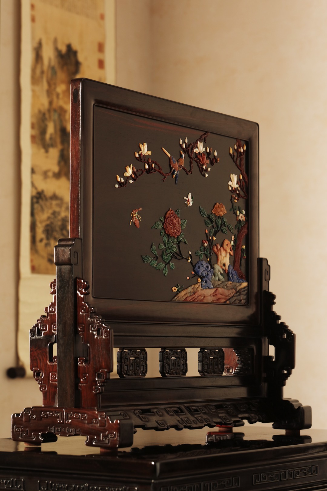 酸枝x百宝嵌『富贵有喜』大插屏大红酸枝老料制，榫卯工艺，整器透雕纹饰，古朴端庄屏