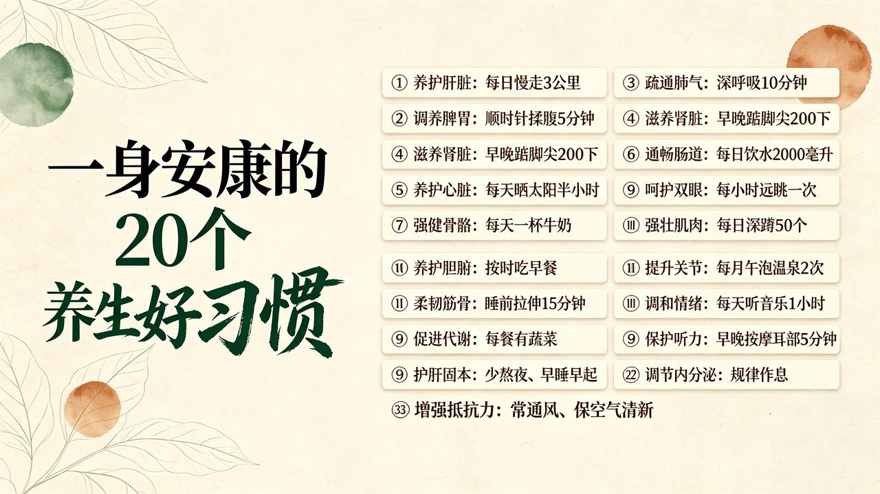 一身安康的20个养生好习惯
 
① 养护肝脏：坚持慢走，每日步行3公里。

② 