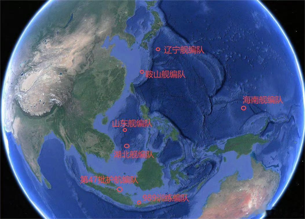 图1，此时此刻中国海军在亚太地区的部署，包括两个航母编队，两个两栖攻击舰编队，一