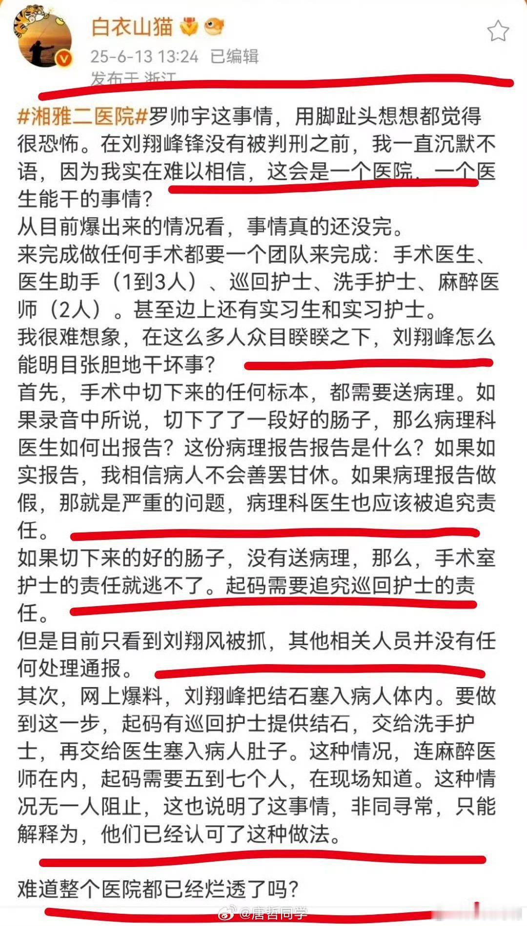 罗帅宇158段录音为工作吃饭闲聊等大V白衣山猫分析的湘雅二院刘翔峰事件。 ​​​