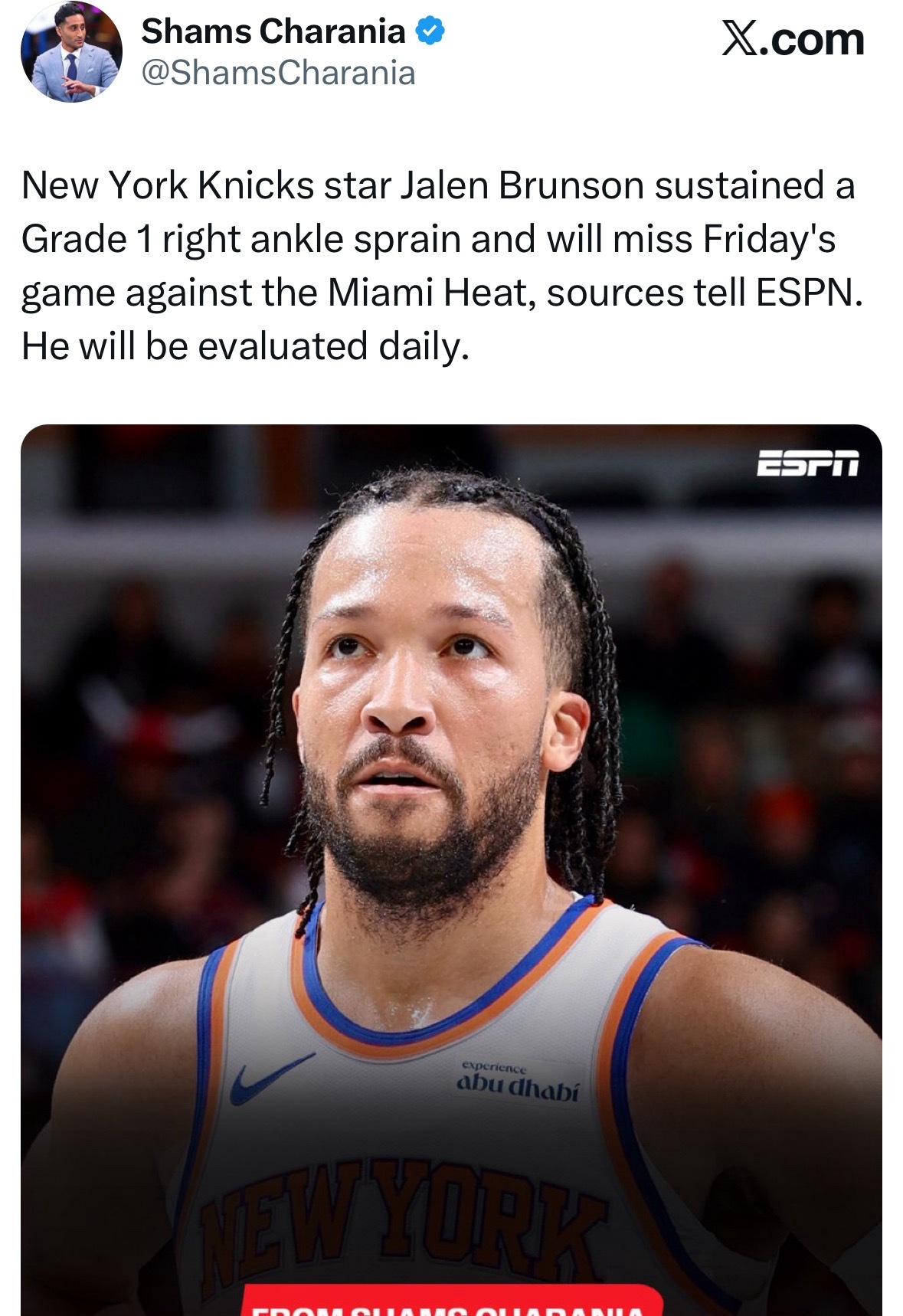 Shams：布伦森遭遇一级右踝扭伤，将缺席周五对阵迈阿密热火队的比赛，其伤情会每