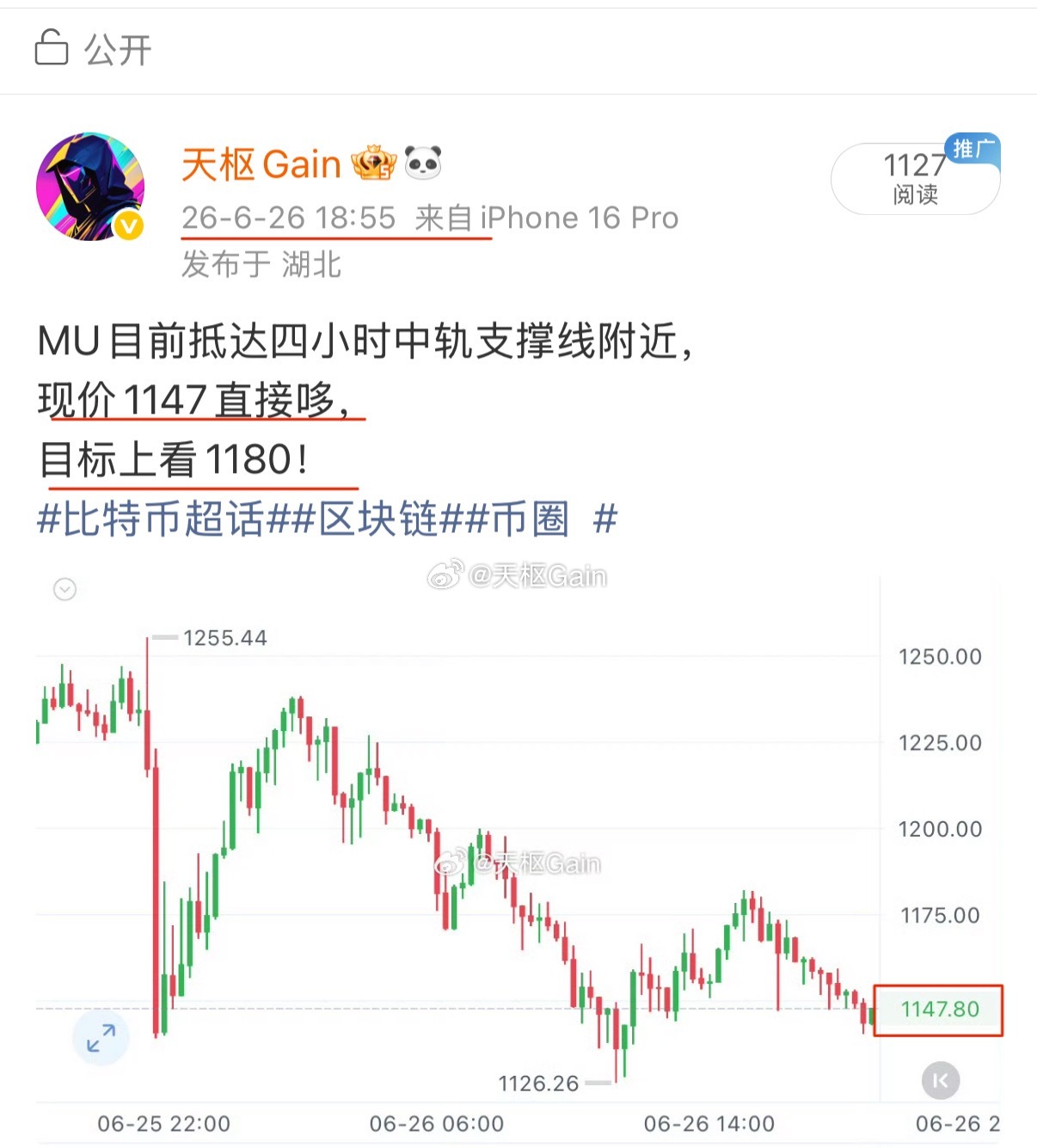 晚间给到各位的MU现架1147直接哆，上看目标1180，请把质疑声变换为掌声，3