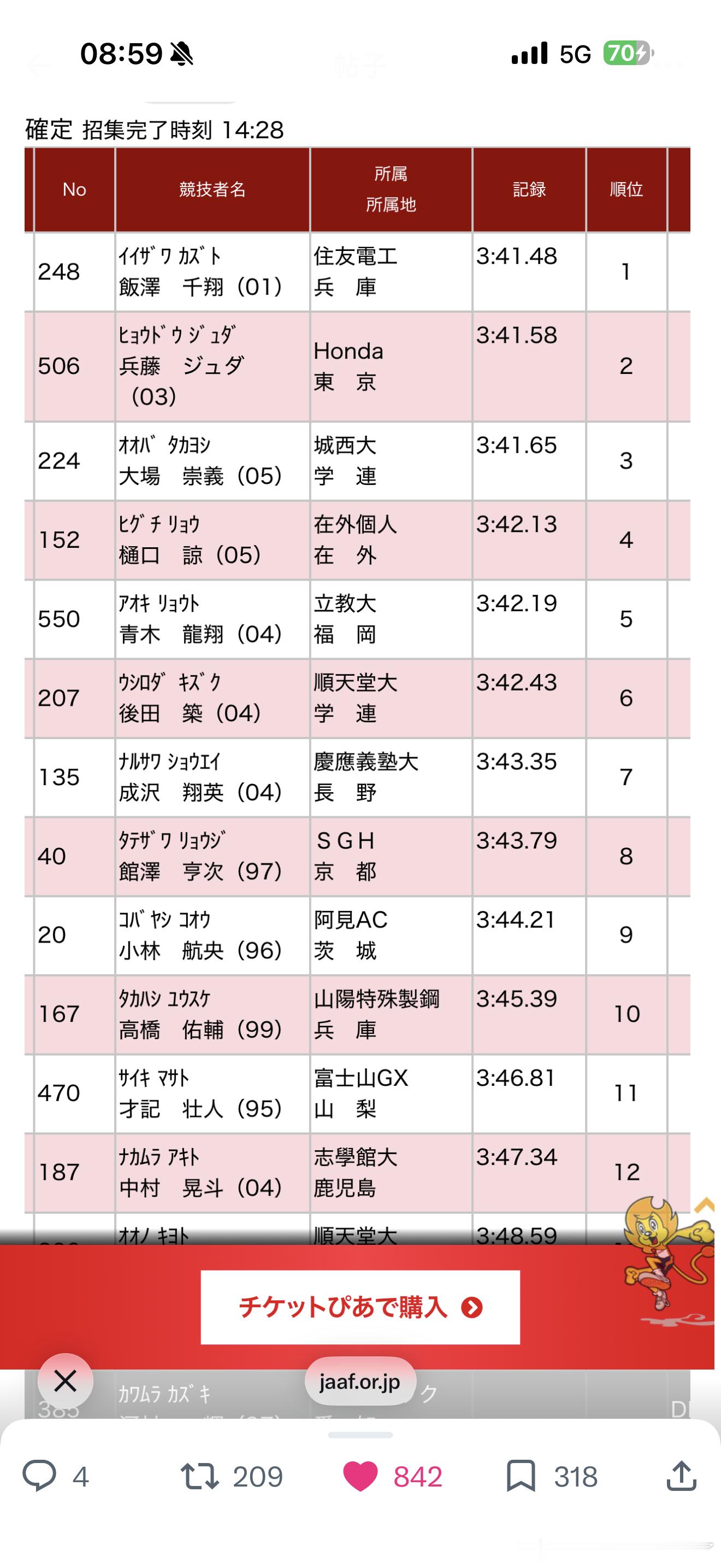 110回日本选手权男子1500M预赛第一组，哇哇哇两个东海OB👊真好啊前六进决