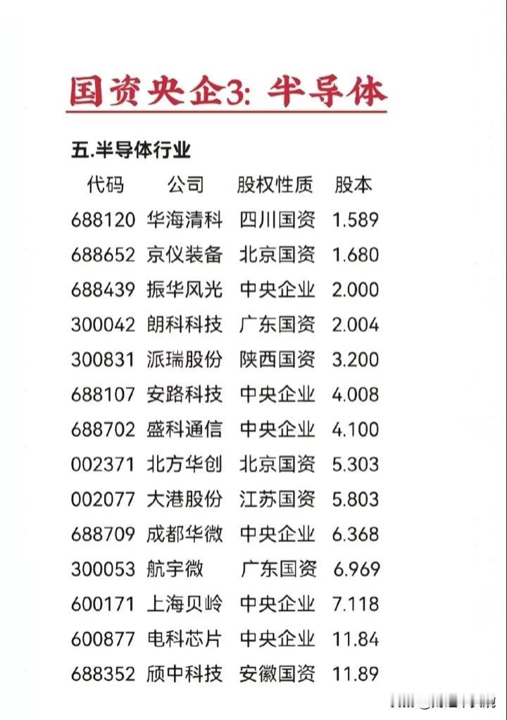 国资背景的行业龙头（1）：医药行业+半导体行业+高科技领域
央国企半导体龙头：北