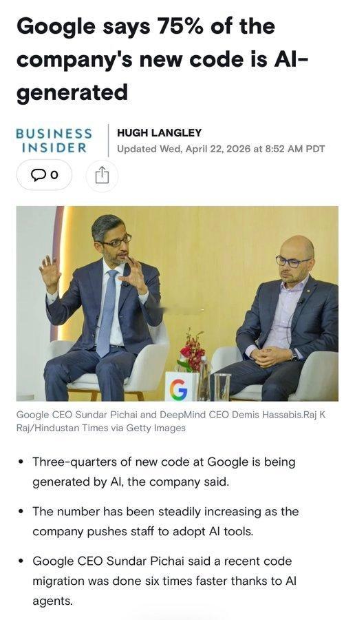 谷歌称，该公司新写的代码75%是AI写的。 
