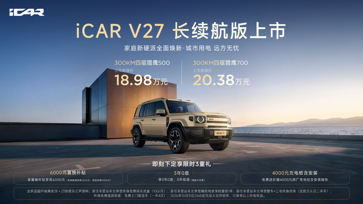 iCAR V27长续航版上市，推出两款配置，售价18.98-20.38万。搭载1