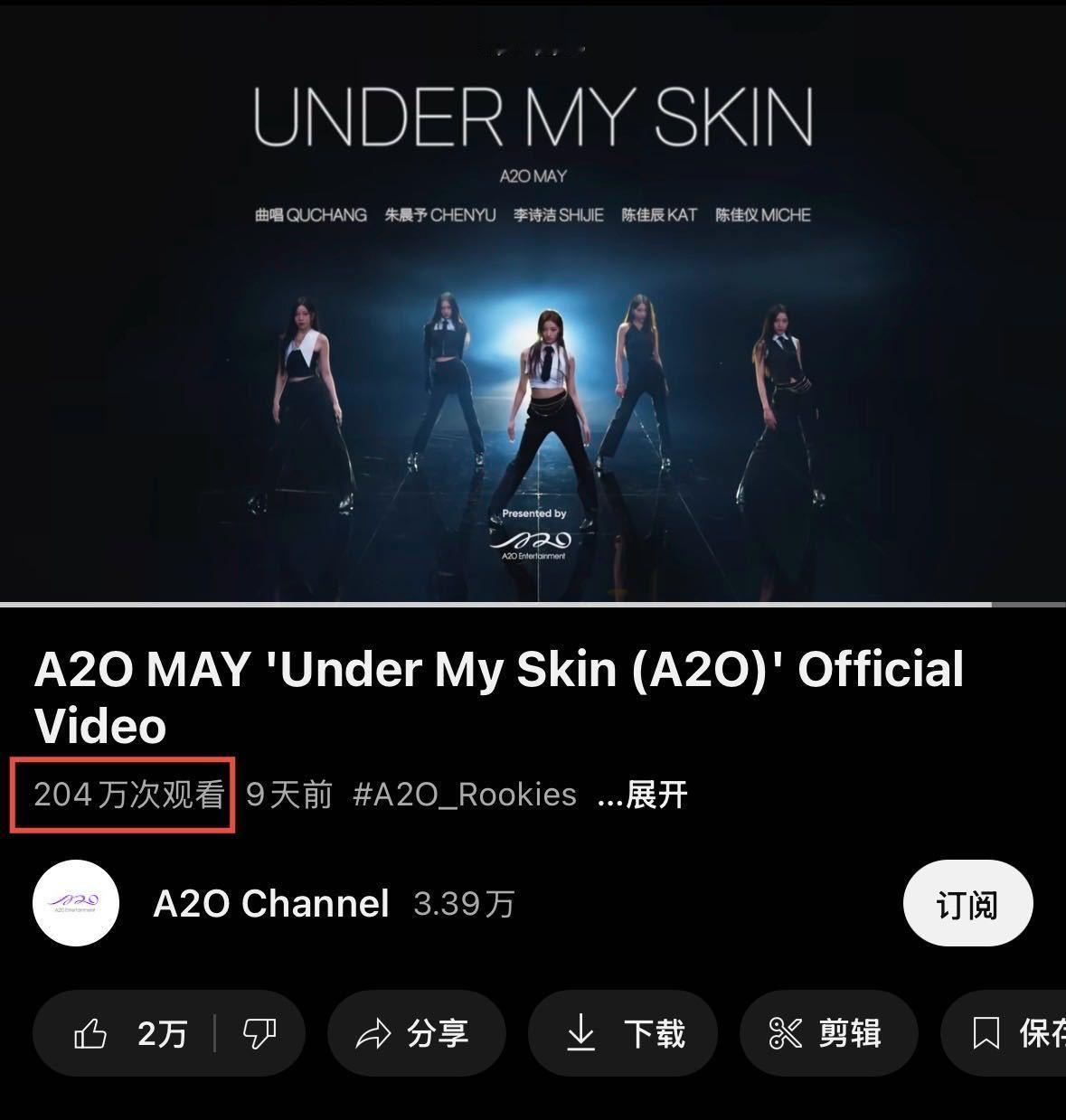 我们内娱女团A2O MAY的出道曲Under My Skin油管播放量就这么悄悄