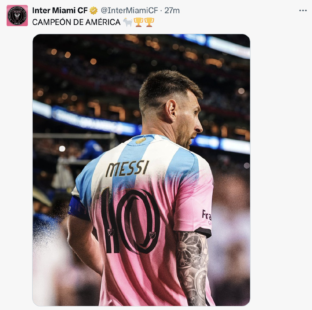 迈阿密国际官推：美洲杯冠军🐐🏆🏆#梅西[超话]# #阿根廷夺冠# #阿根廷