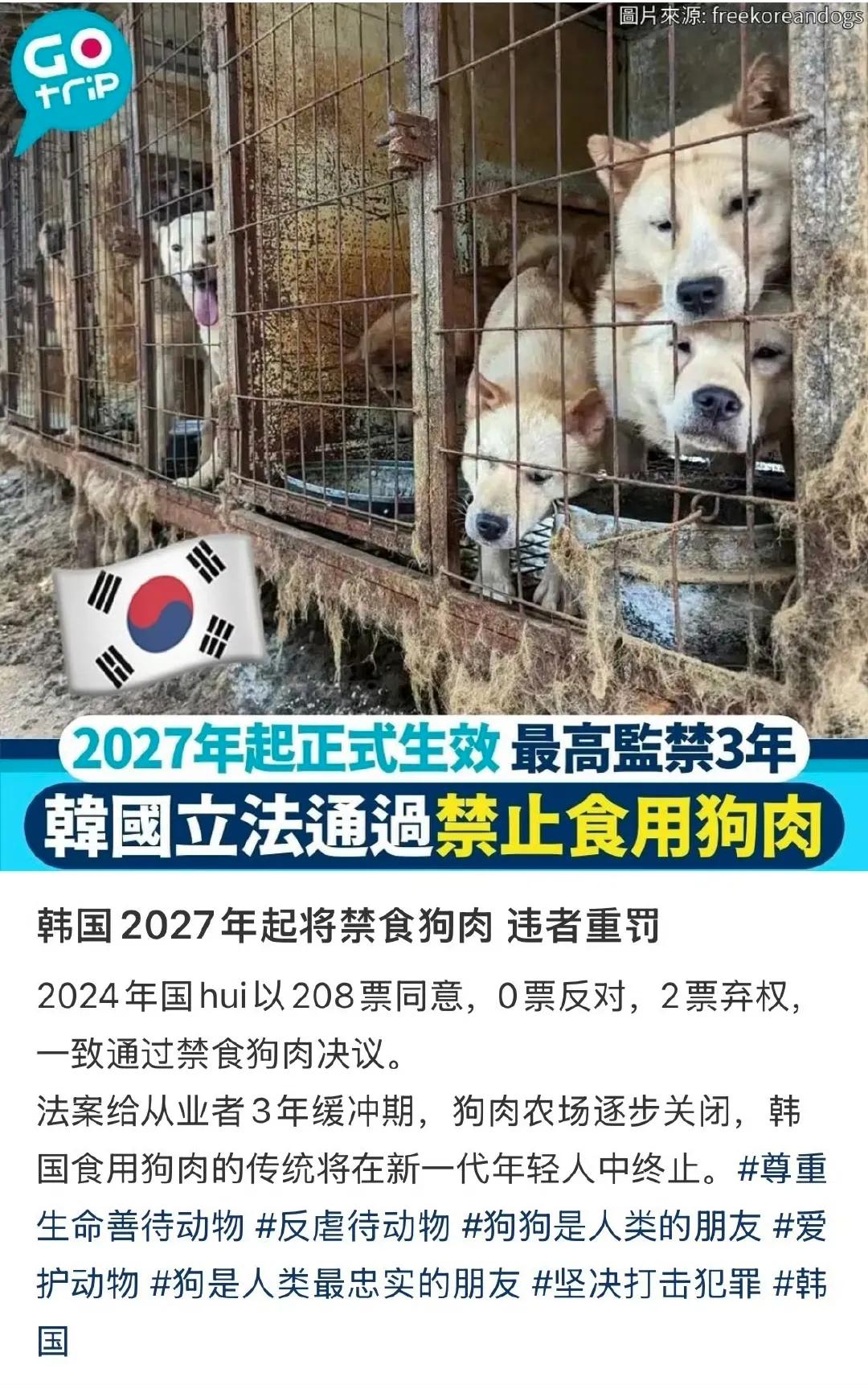 韩国2027年起将全国禁食狗肉，以食用为目的宰杀犬只将处以3年以下有期徒刑，或三
