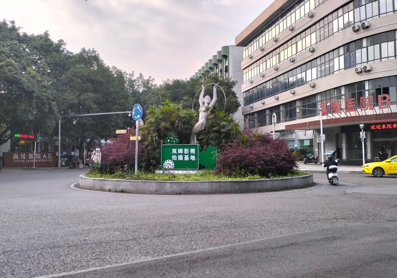 嘉陵厂大石坝一处转盘，多年前还是喷泉，后来改为了花台。左边是嘉陵医院，右边过去是