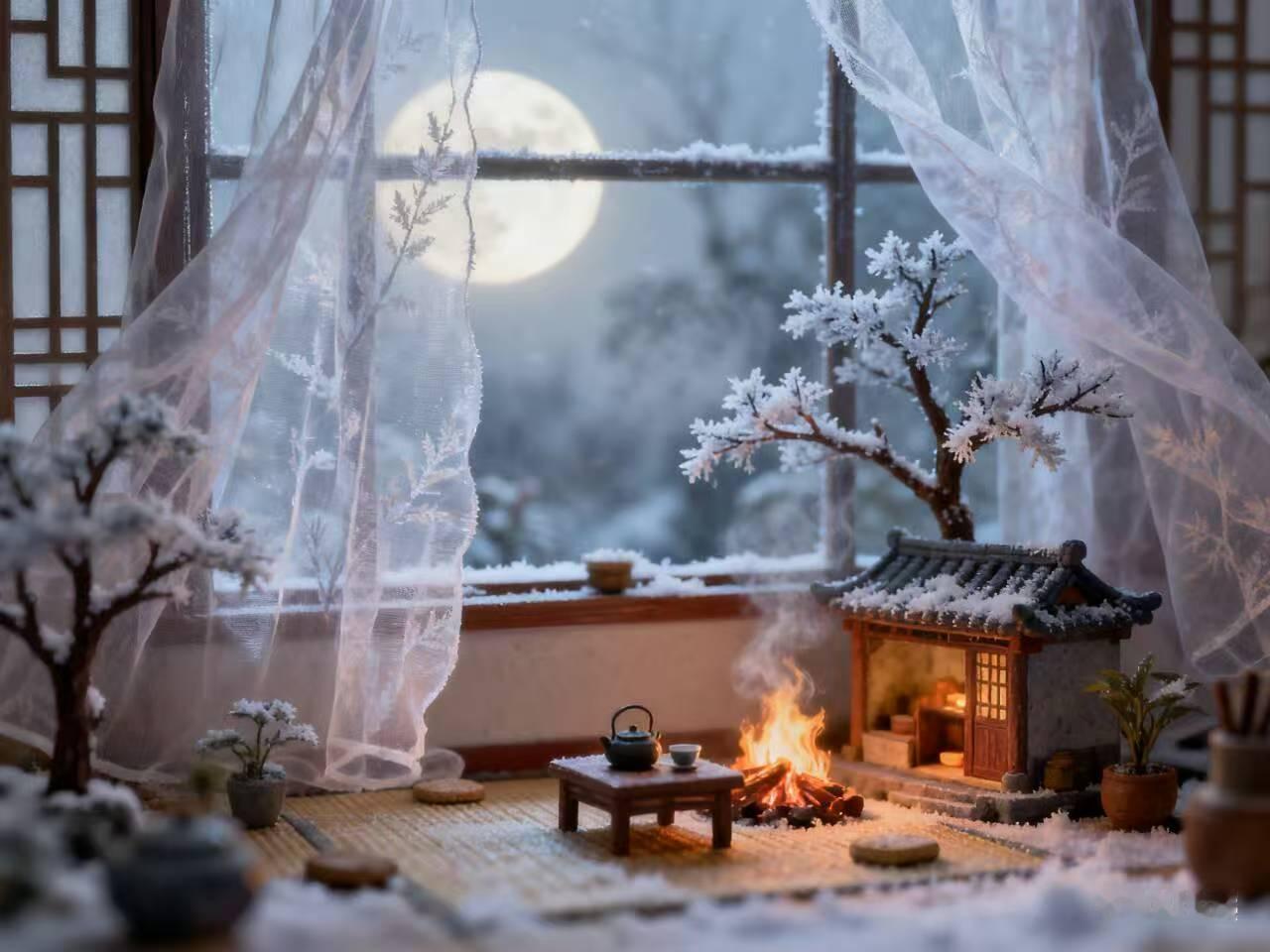 金字经·逐影披纱
窗纱笼月斜，
炉红火暖颊。
怕见霜枝寒雾遮。
赊，新诗佐酒呷。