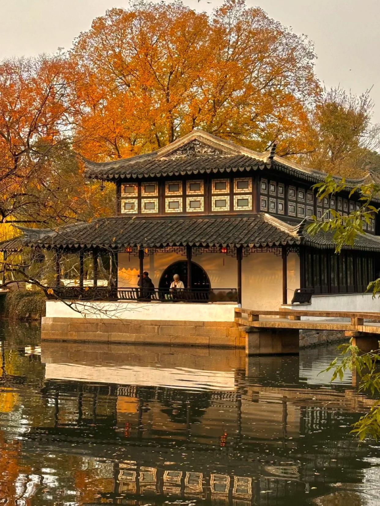 冬日生活打卡季秋日的拙政园，片片秋枫，红得透亮，临水斜倚，把朱墙黛瓦浸成半幅胭脂