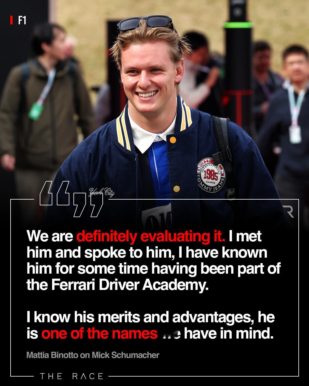 比诺托向《意大利晚邮报》确认，米克-舒马赫在奥迪/索伯2025赛季正式车手候选名