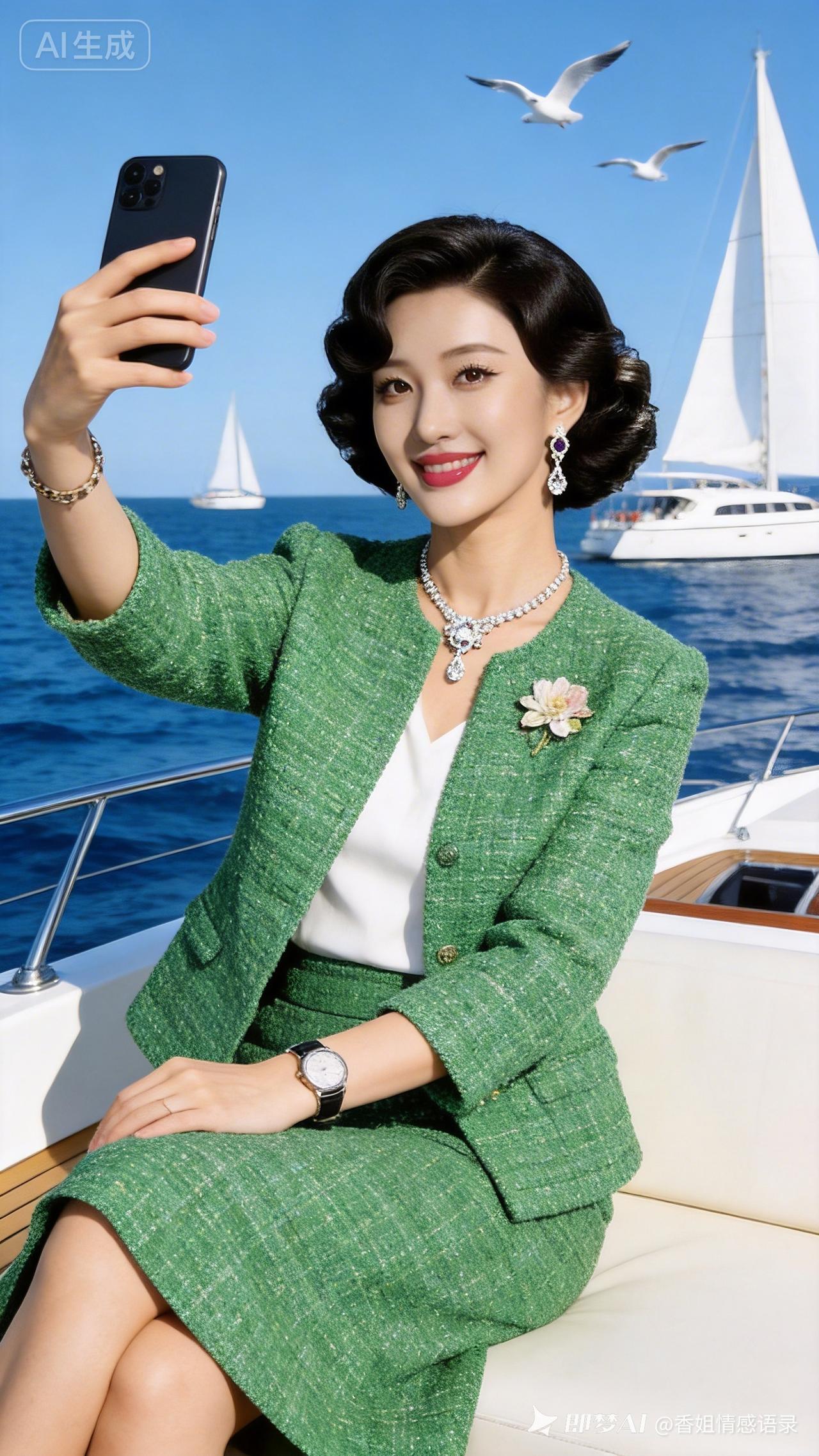 优雅海滨自拍，绿衣美人与帆船相伴！