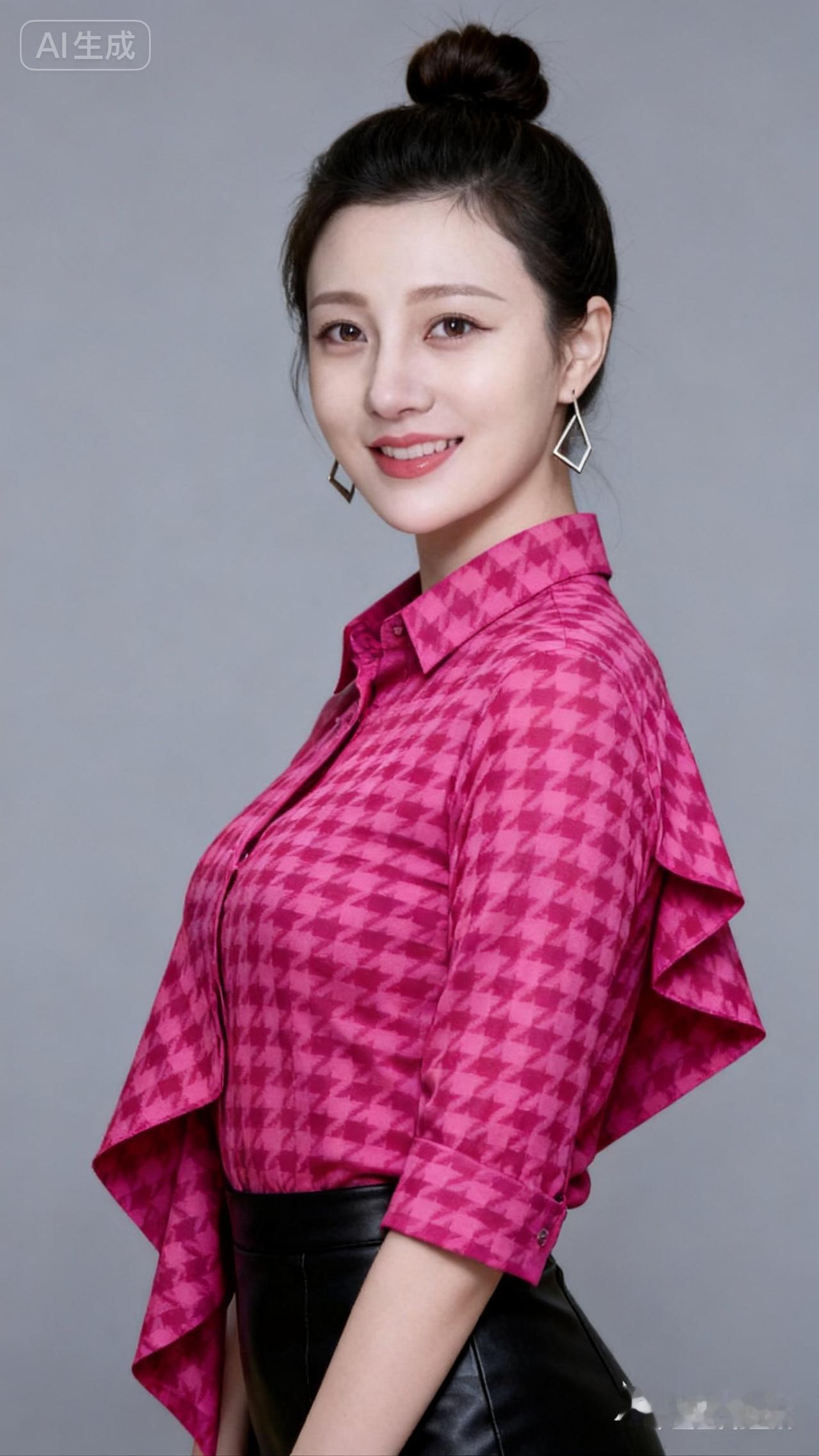 甜美优雅的粉色格纹衬衫，搭配黑色皮裙，尽显时尚魅力！💕✨