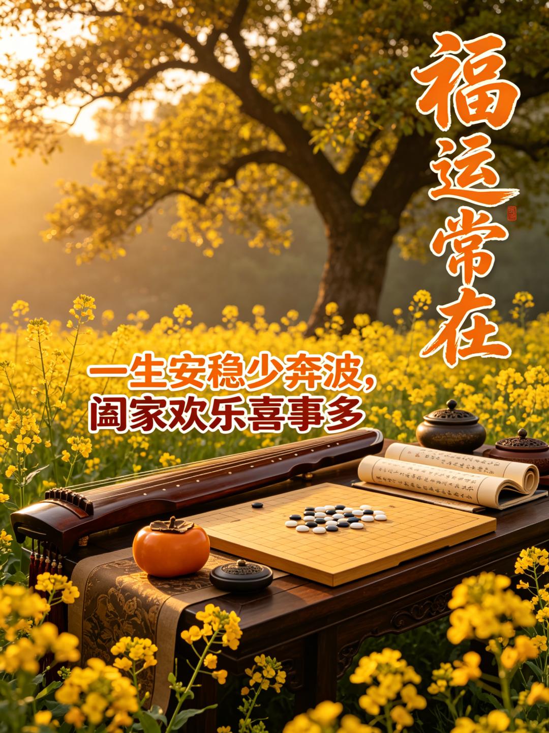清晨开门迎吉兆，福气财运都来到；平安健康守身旁，顺心如意绕着跑。新的一天新光景，