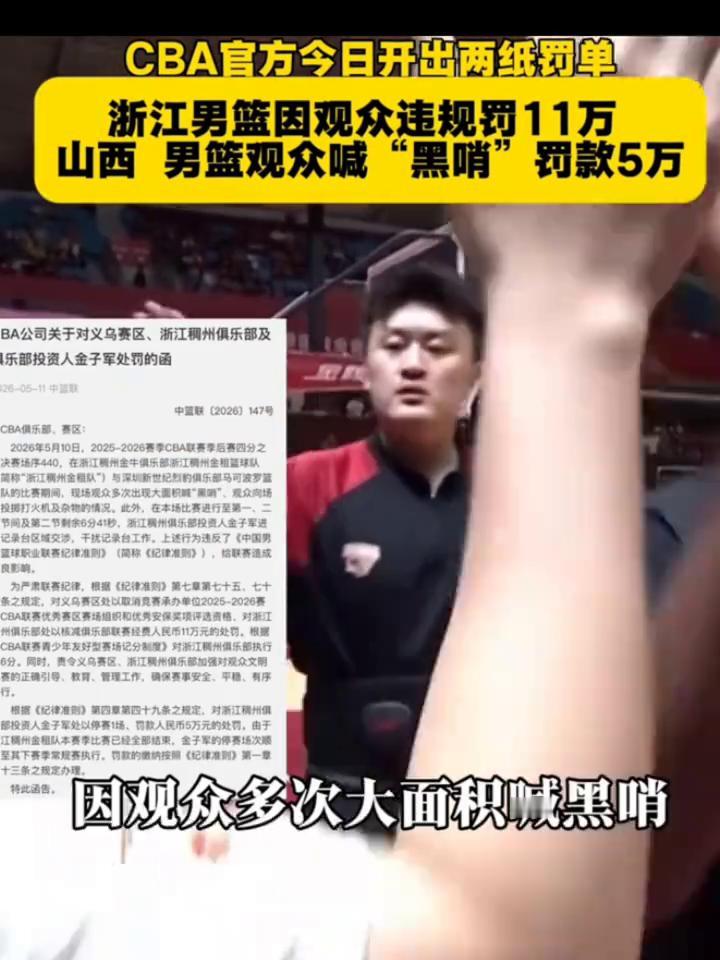快手破A官方今日开出两纸罚单，浙江男篮因观众违规罚11万，山西男篮观众喊"黑哨"