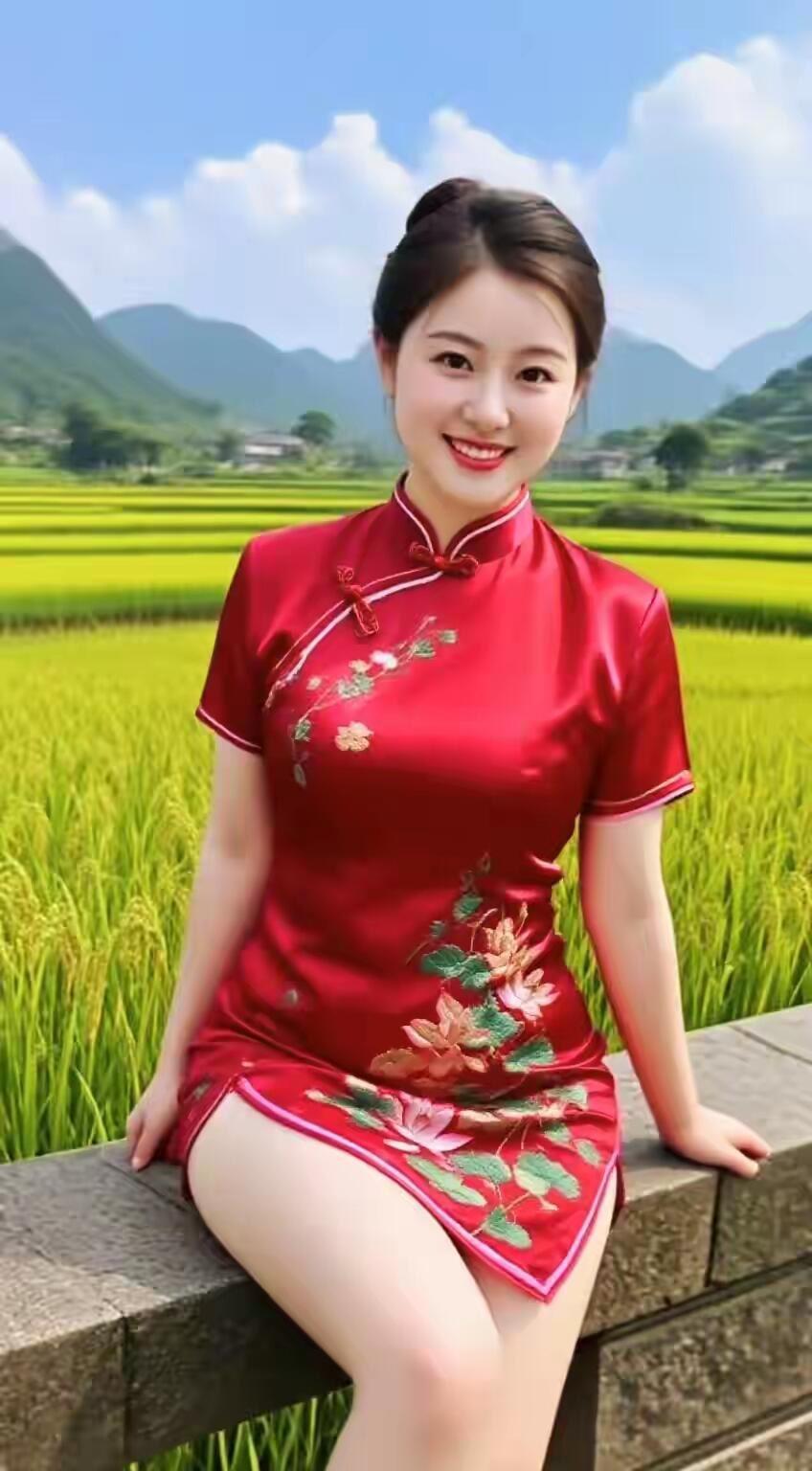 红衣美人坐田间，笑看稻花香满田。