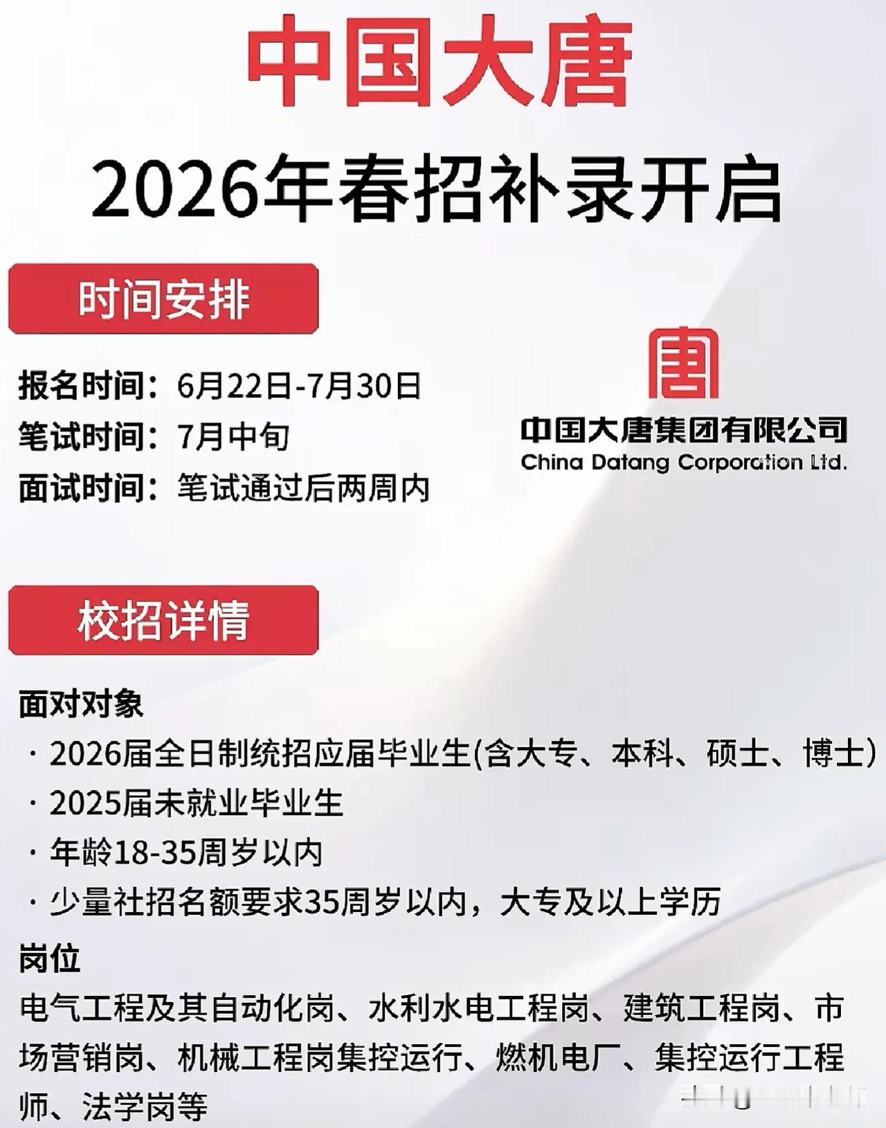 同学们，这次中国大唐2026年春招补录是个难得的机会，千万别轻易放过。你们看，报