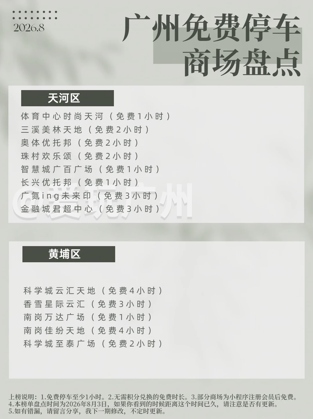 广州市免费停车的商场盘点（2026.8）