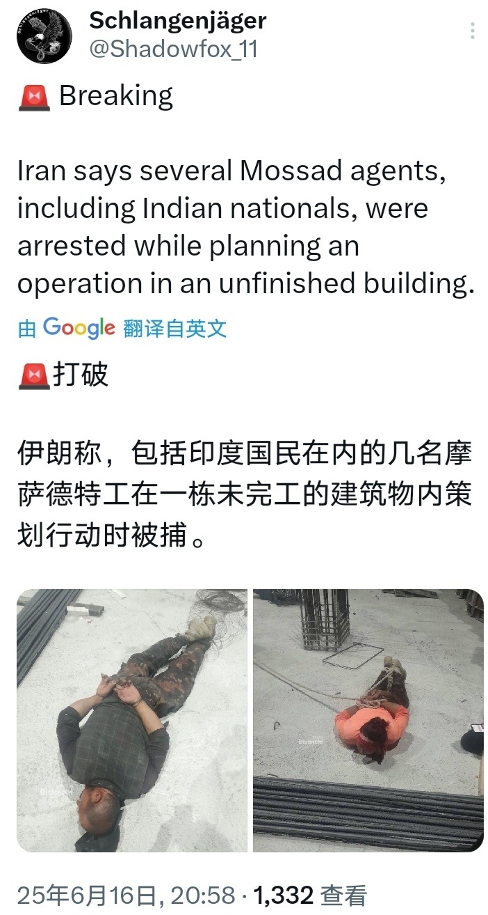 以色列对伊朗发动打击据称，包括印度公民（也有说是阿富汗人）在内的几名摩萨德特工在