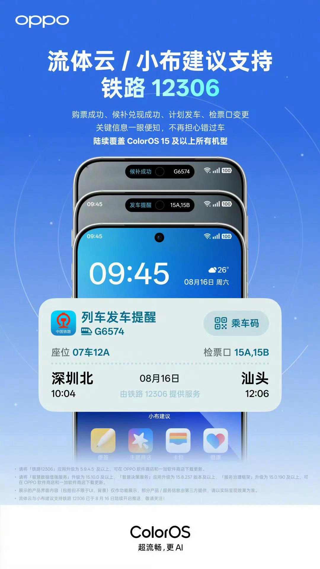 OPPO的流体云和小布建议，即将从铁路12306直接获取数据，这样准确度和速度都