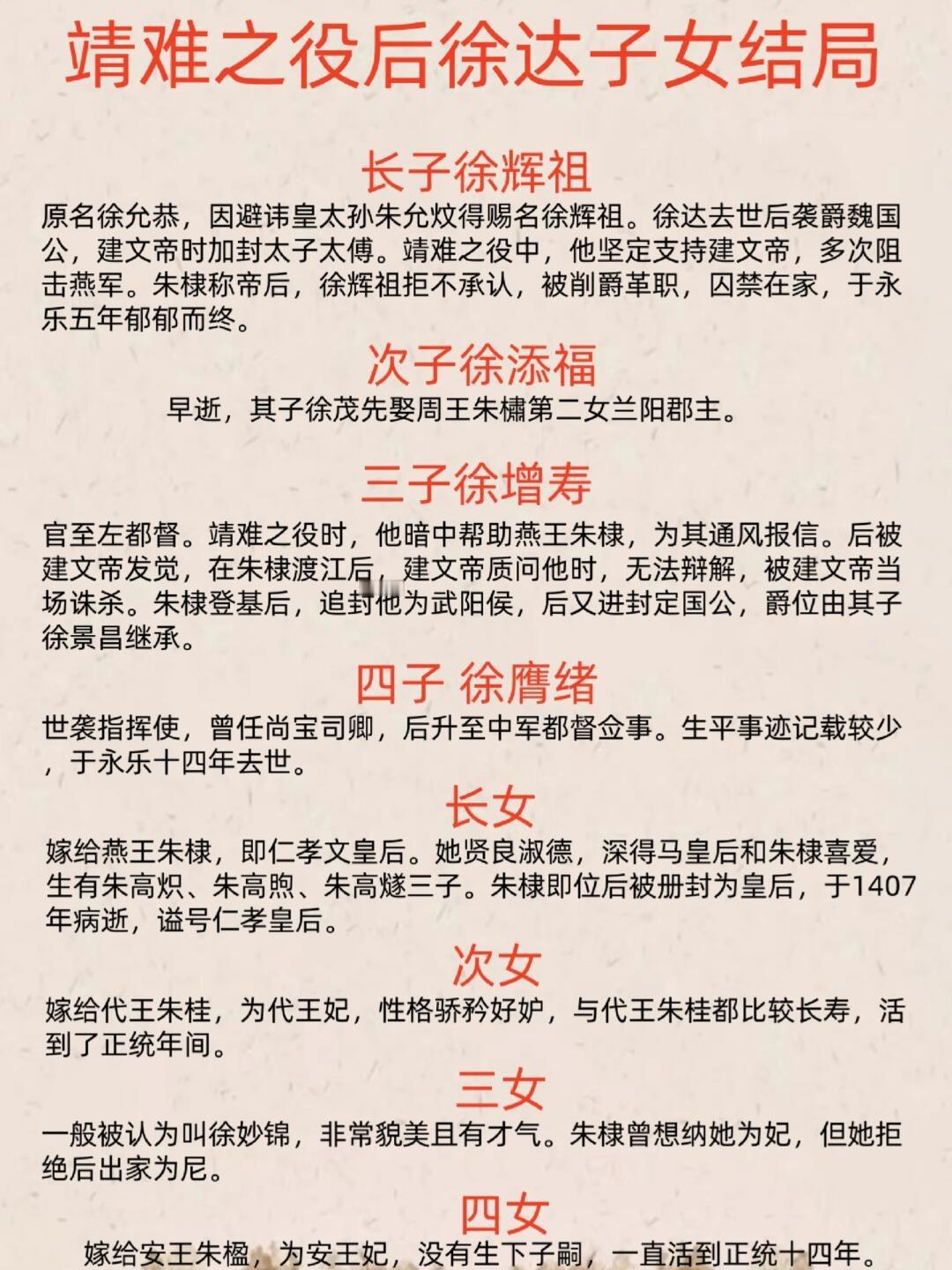 靖难之役后徐达子女的结局。 