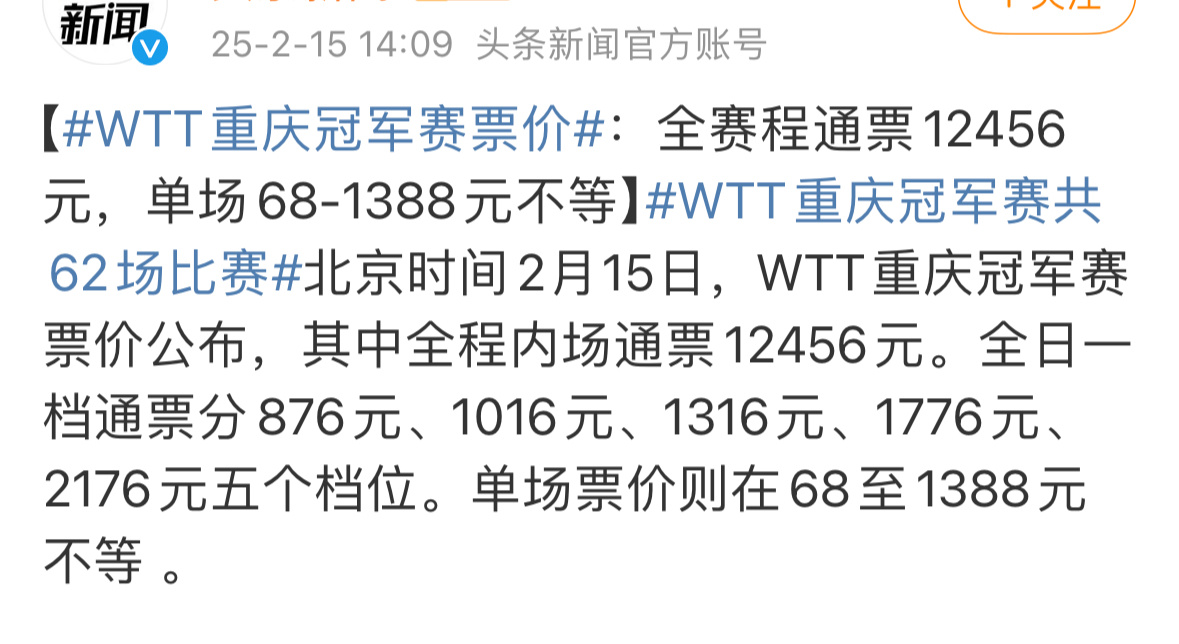 WTT重庆冠军赛共62场比赛 老铁们这个wtt🎫价怎么说？ 