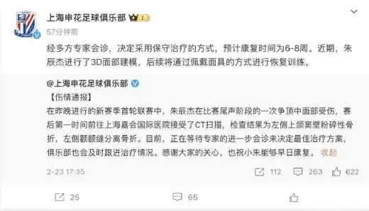 此前，在中超揭幕战中因争球造成左侧上颌窦壁粉碎性骨折，左侧颧额缝分离骨折的申花后