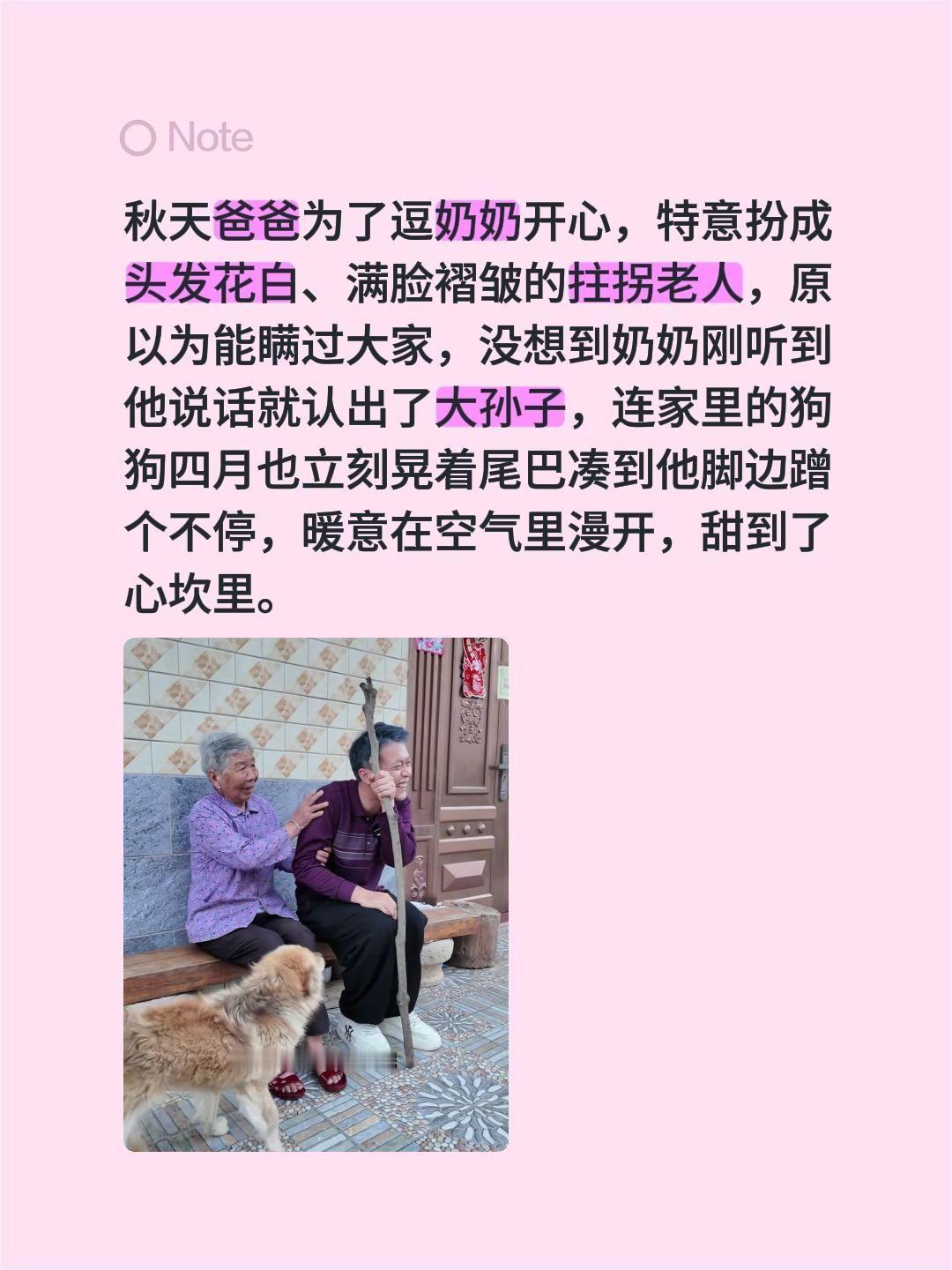 秋天爸爸为了逗奶奶开心，特意扮成头发花白、满脸褶皱的拄拐老人，原以为能瞒过大家，