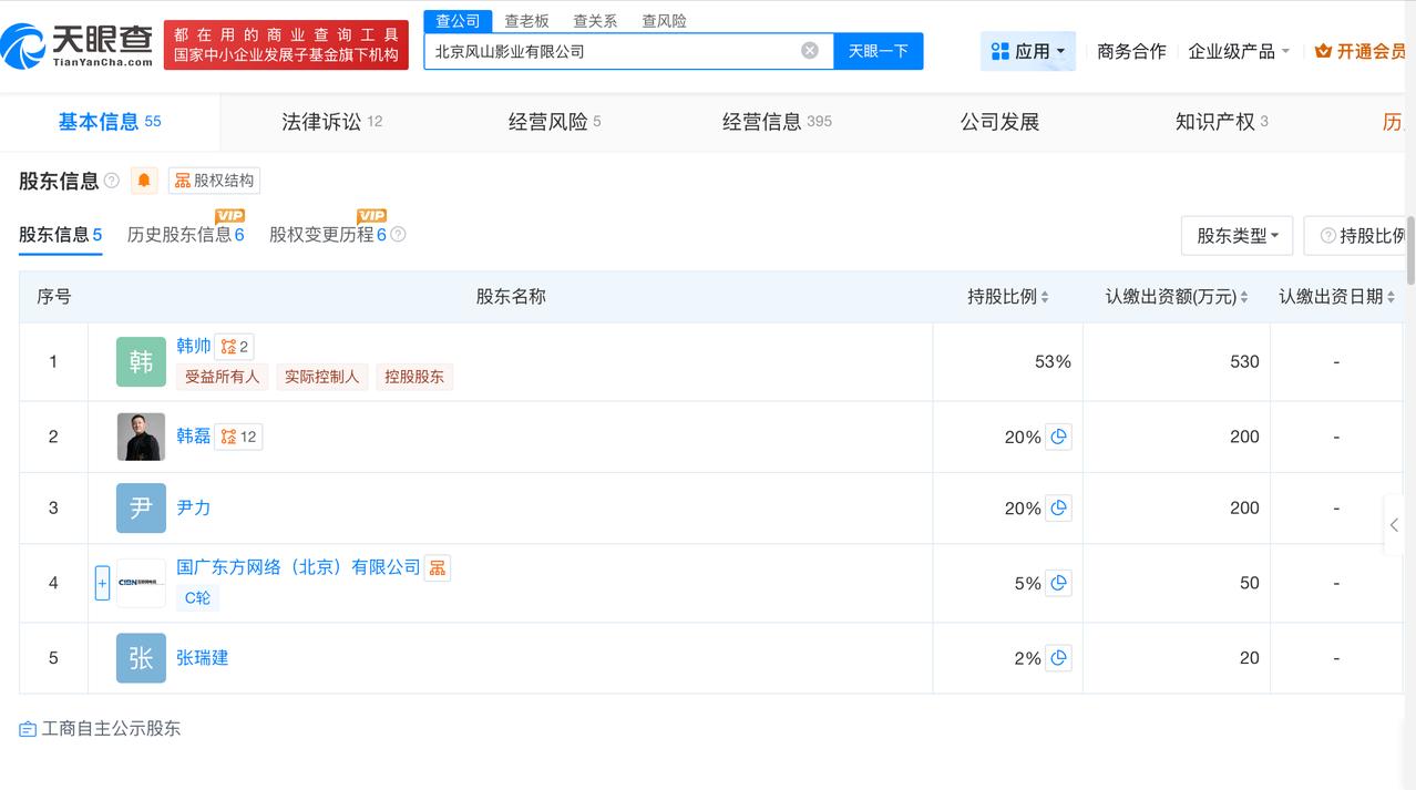 天眼查天眼风险信息显示，近日，北京风山影业有限公司及该公司法定代表人韩帅新增一则