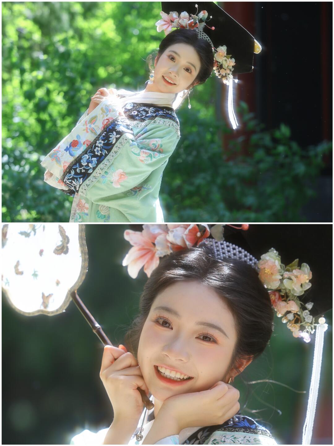 客妹说：“我拍的旗装真的光影感好强呀～”