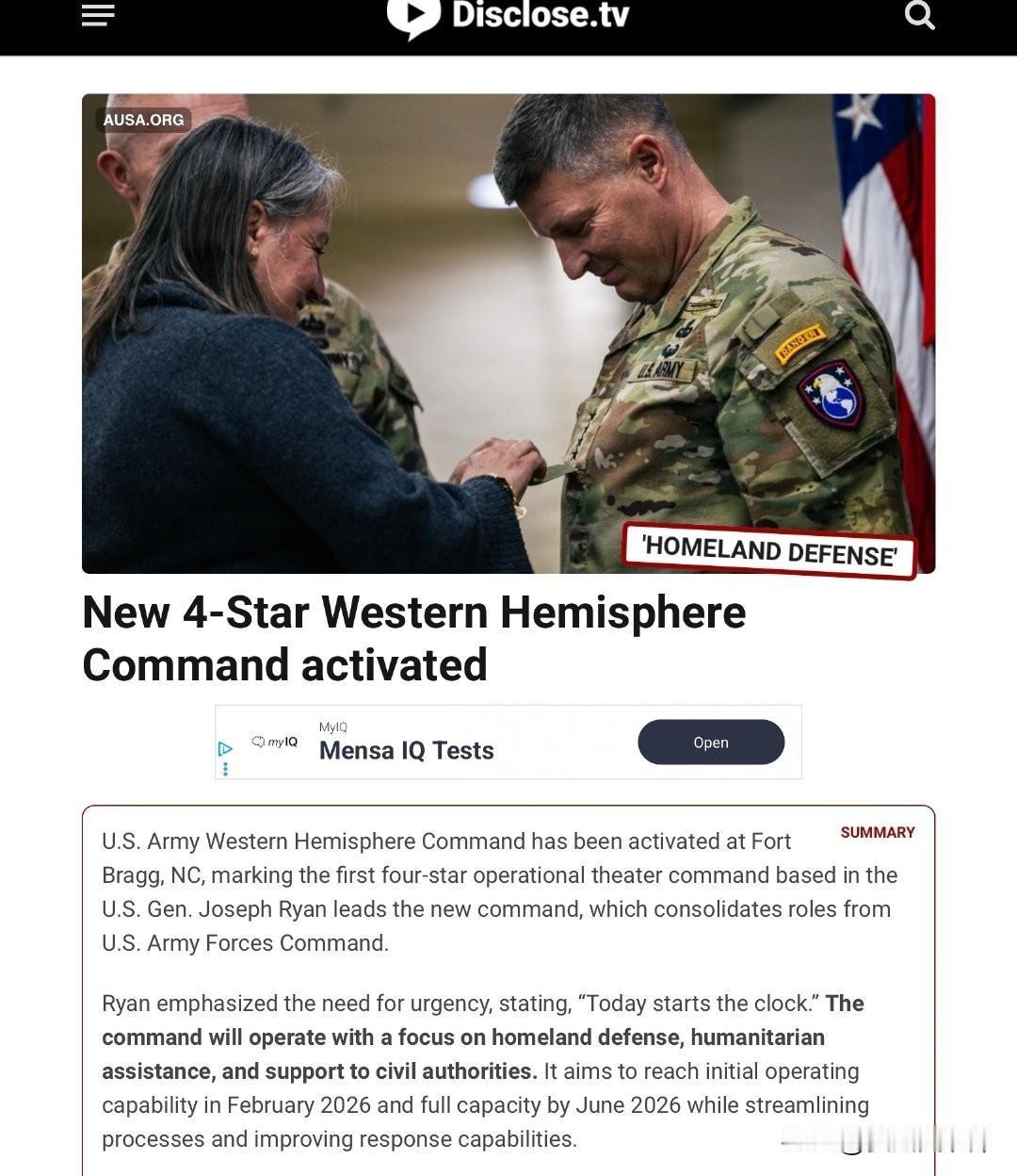 紧随国安报告战略，美国新设西半球司令部，级别为四星级。

美国陆军西半球司令部在