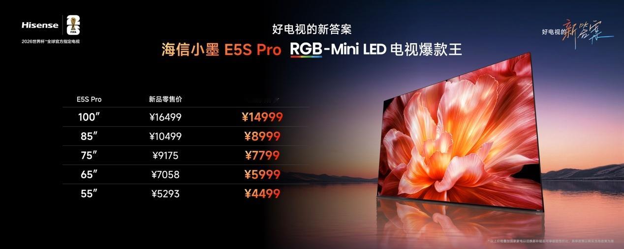 海信这次把小墨E5S Pro的价格定到4499元起，RGB-Mini LED直接