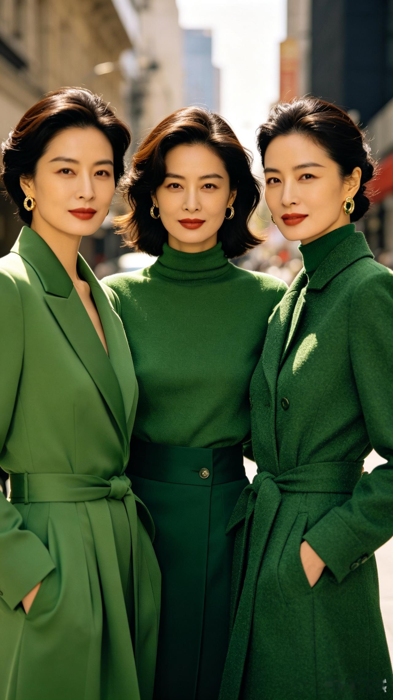 绿衣三姐妹
 
一身绿装真清爽，
三人并排站成行。
目光都往前面望，
新景衬得人