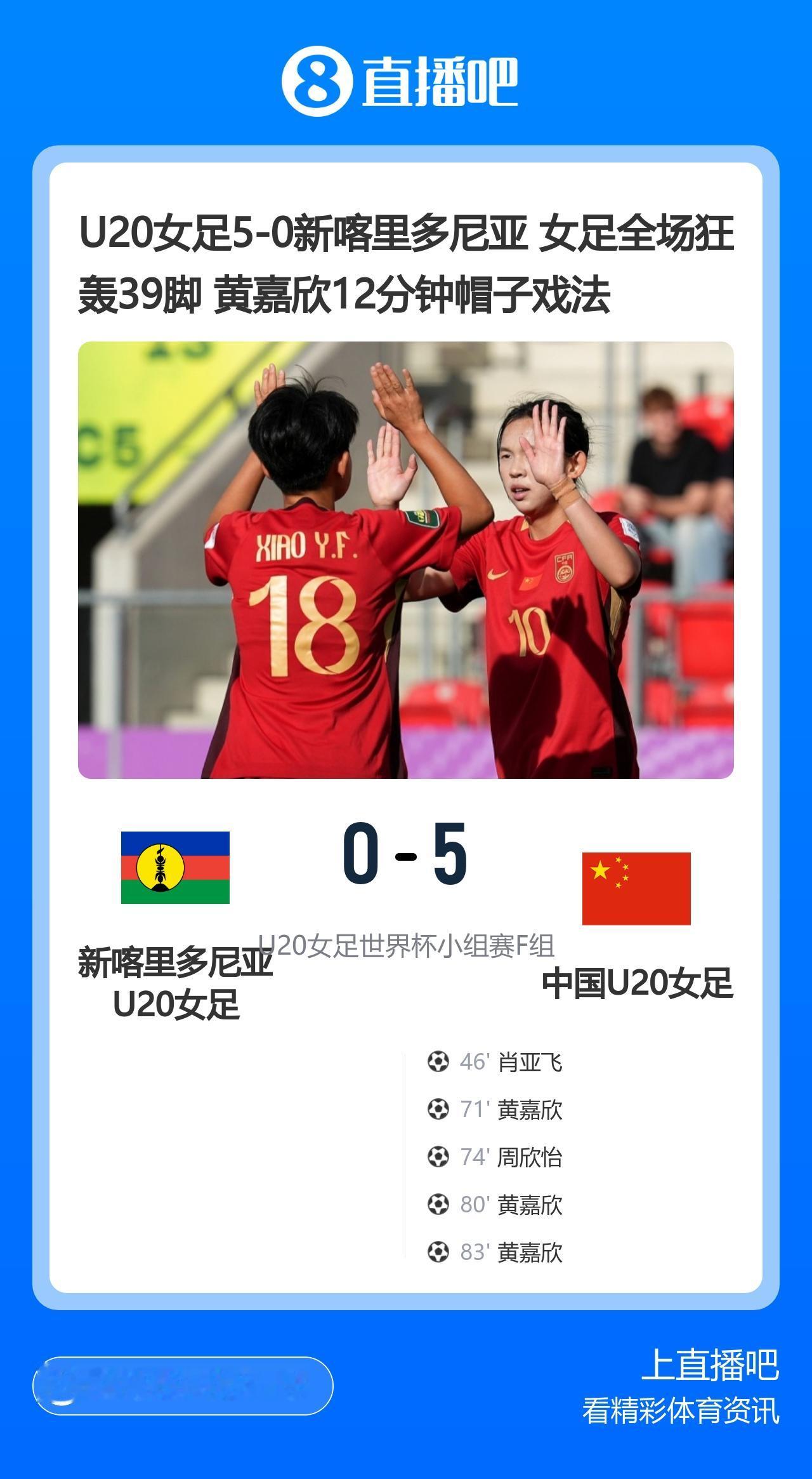 u20女足世界杯F组一场对决：
新喀里多尼亚0-5中国
上半场女足数次创造良机，
