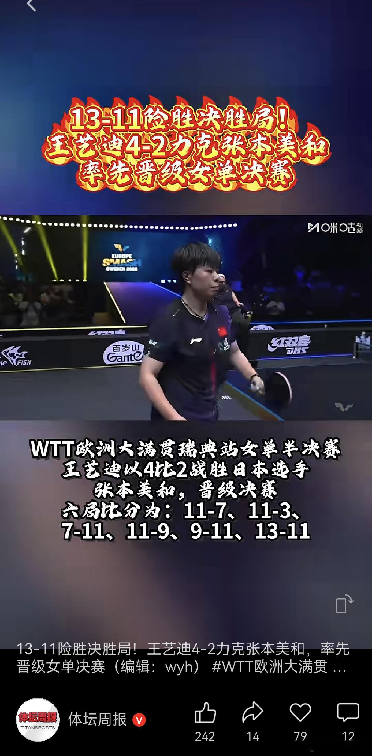 王艺迪4比2复仇张本美和看到这条消息特别特别高兴，大迪立功了，抗日战争胜利了 