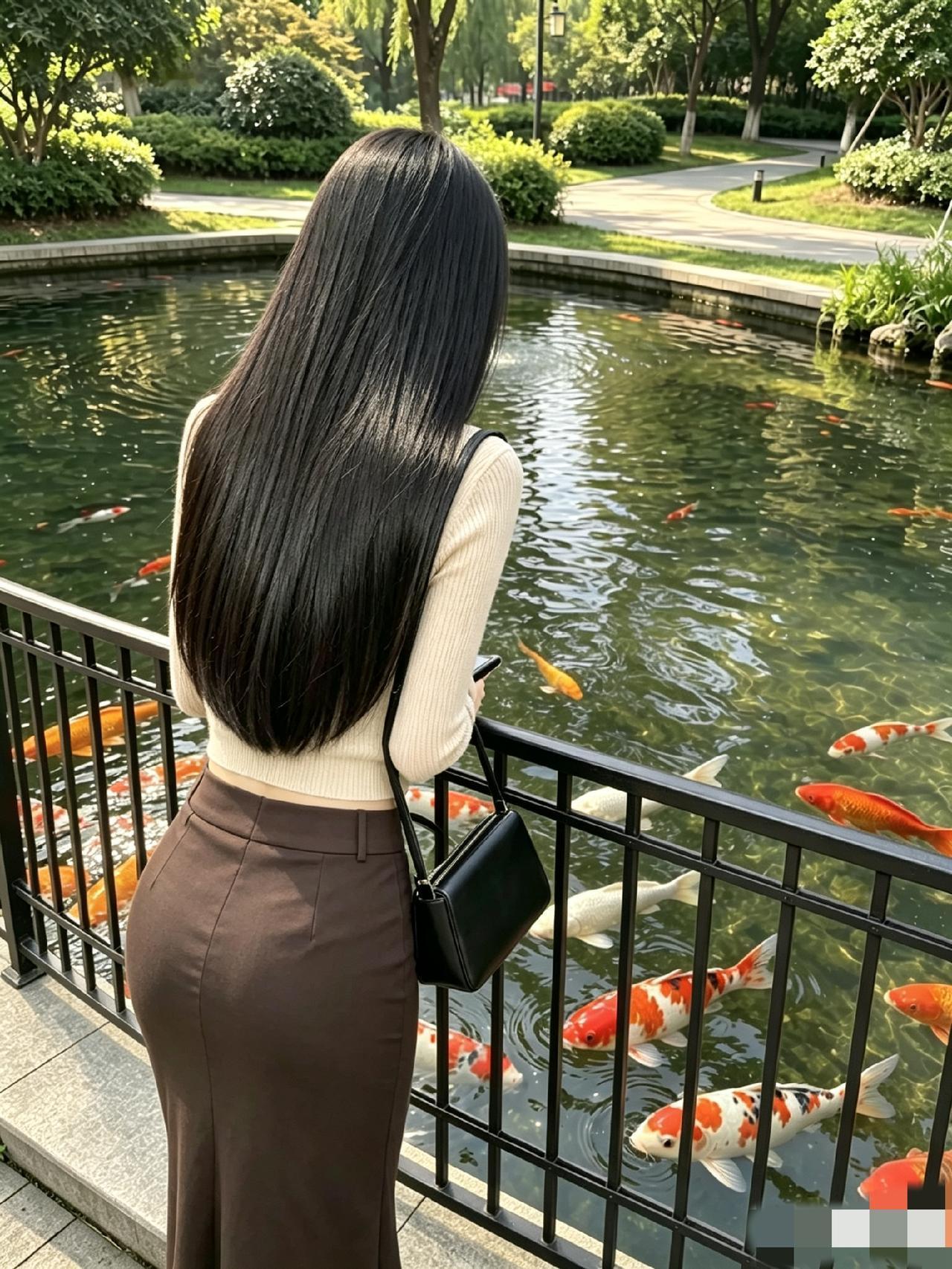 相册里有张超可爱的照片，是一个女孩在看池塘里的锦鲤。
照片里，小女孩站在小池塘边