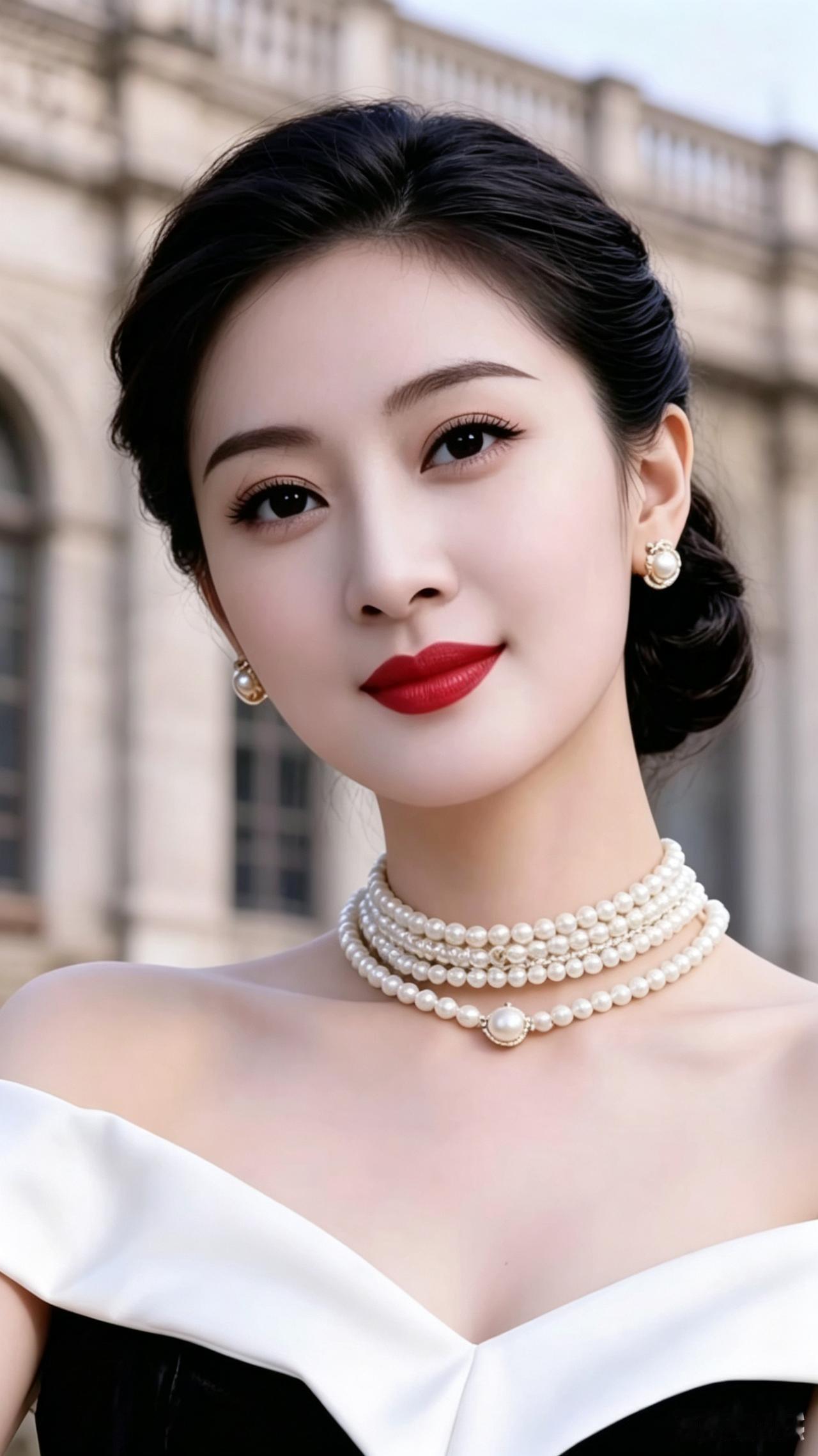 佳人容貌甚堪怜，明眸皓齿绽娇妍。
珍珠绕颈增华贵，优雅风姿映眼帘。
古典韵致难藏