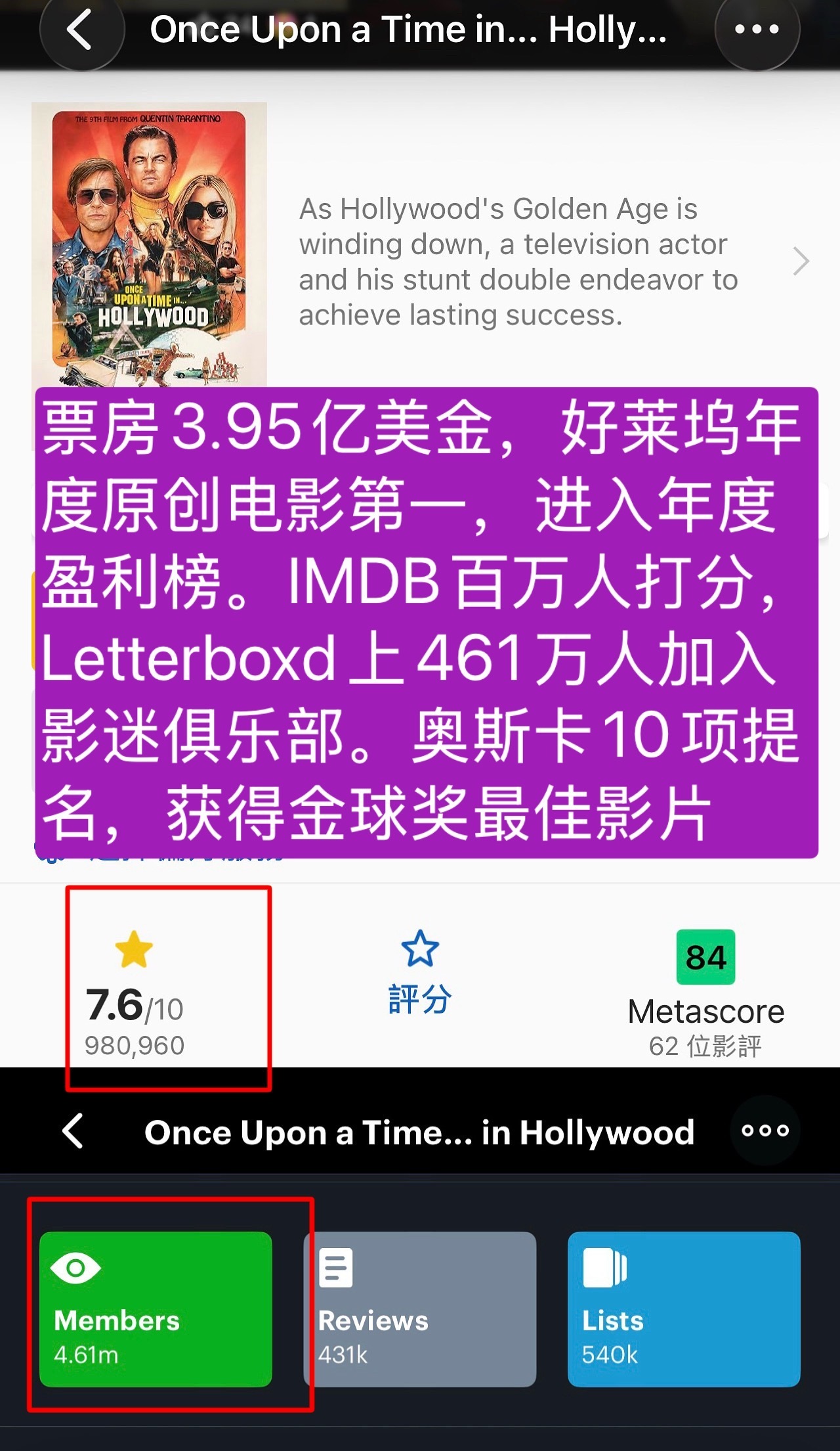 《好莱坞往事》也是一部典型的完全靠阵容抬起来的电影，主要还是我李。好多人说看得昏