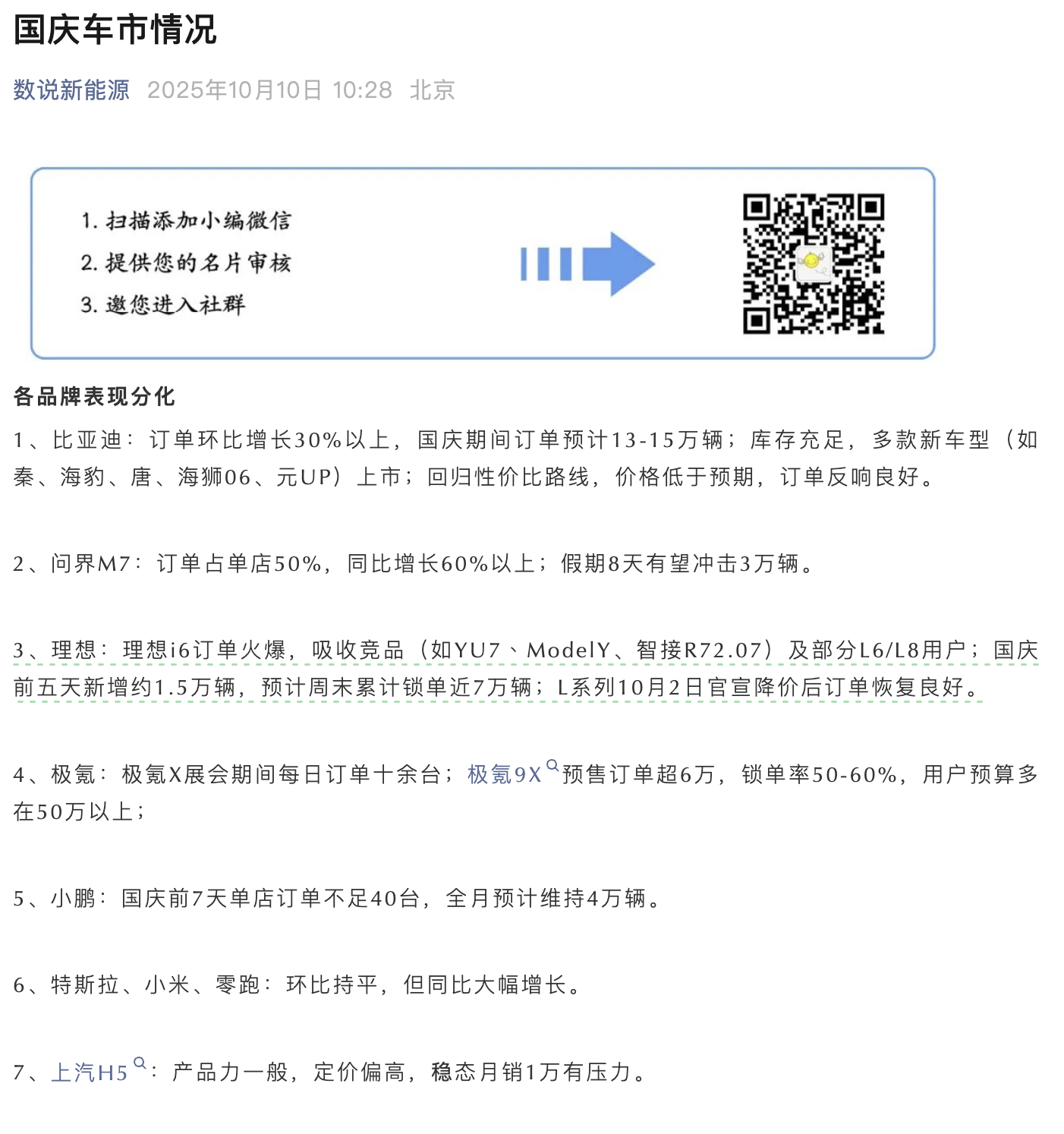 国庆爆款车型：理想i6，国庆前五天新增约1.5万辆，预计周末累计锁单近7万辆。问
